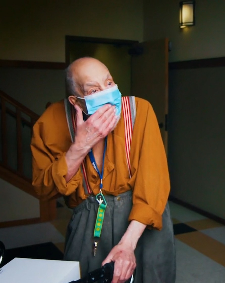 Older man looking suprised with a mask on