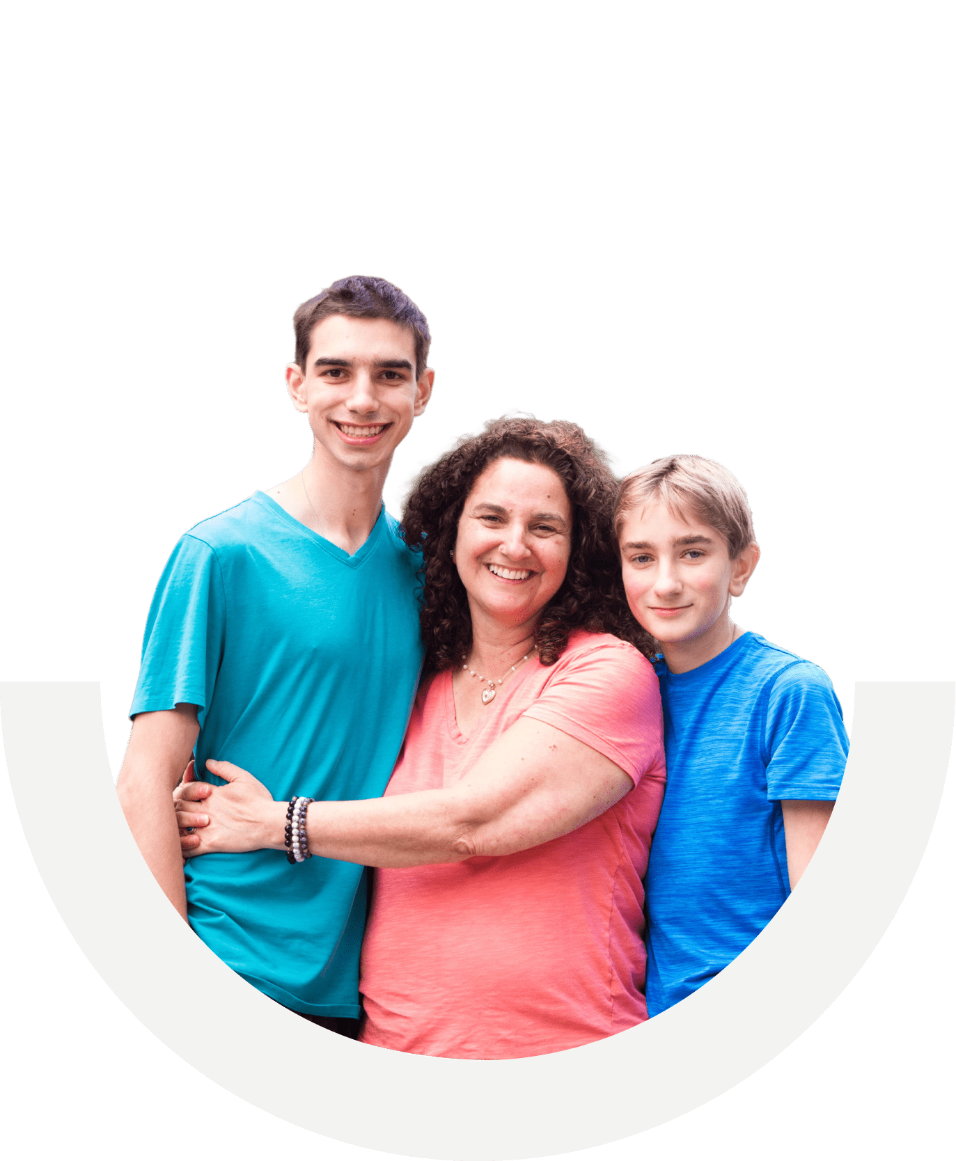 Cut out of mother taking a picture with her two teenage sons