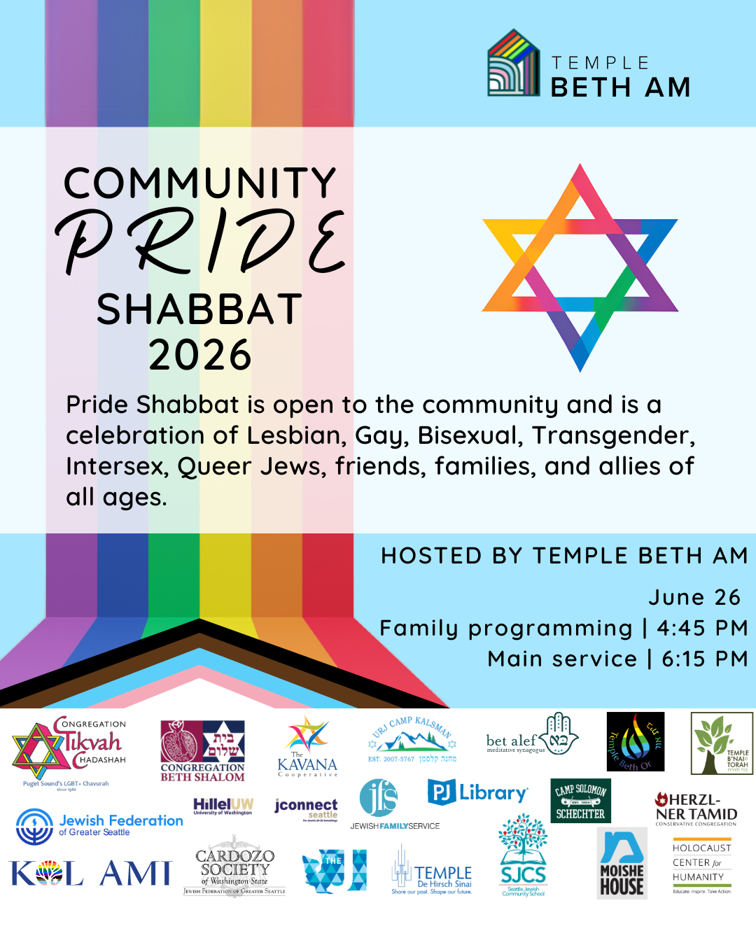 Pride Shabbat graphic with event details