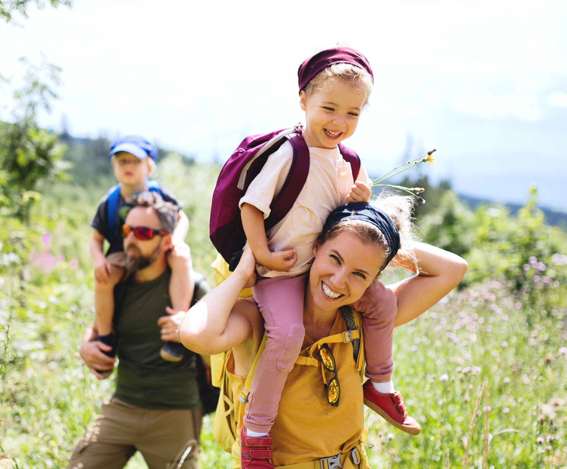 Family of four hiking
